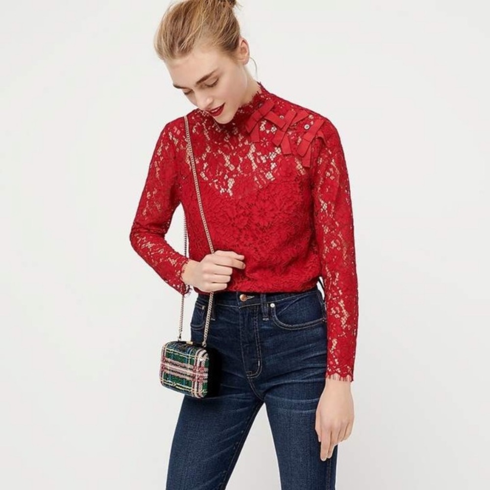 J. Crew Red Lace Mock Neck Bow Top
